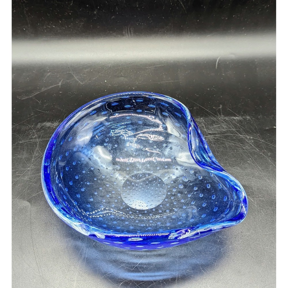 Vintage Blue Art Glass Controlled Bubble Scalloped Candy Dish Japan 7.5"
